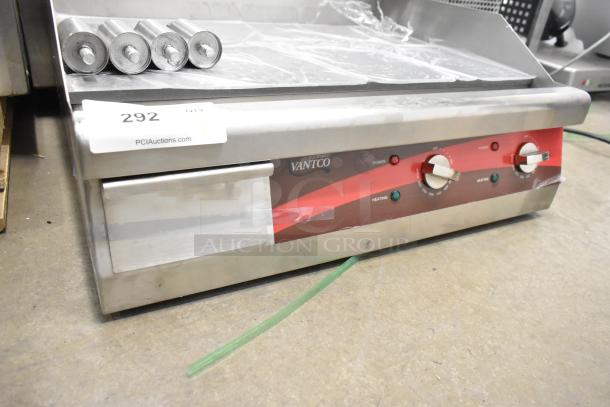 Avantco 177EG24N 24" stainless steel griddle, new scratch and dent, electric, 208/240V, 1 phase, controls visible.
