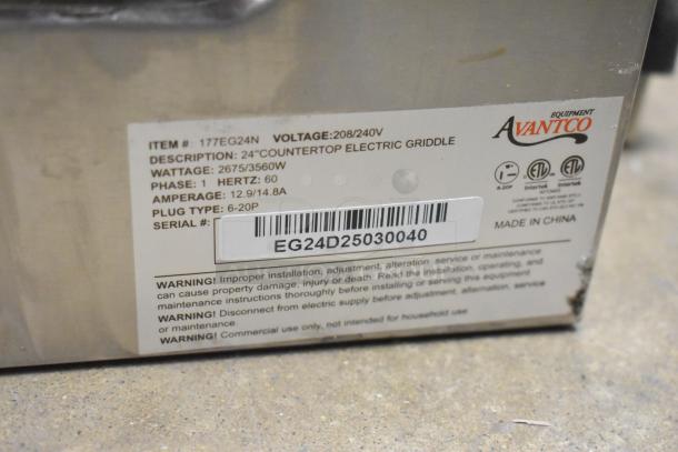 "Avantco 177EG24N 24\" Electric Griddle label, 208/240V, description, wattage, phase, and warnings visible."