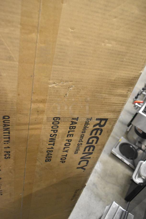 Brown cardboard box labeled "Regency 600PSWT1848B Table Poly Top," indicating new 18"x48" poly table top.