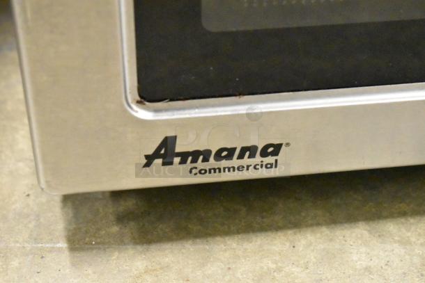 2017 Amana RCS10TS commercial stainless steel microwave, 120 volts, visible "Amana Commercial" logo on front.