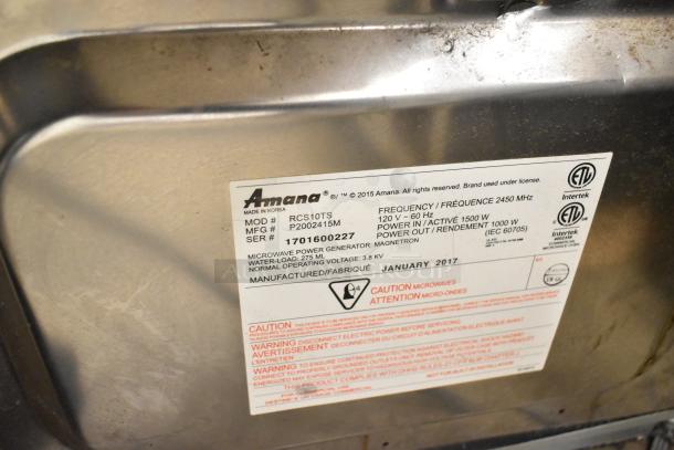 2017 Amana RCS10TS commercial stainless steel microwave oven. 120V, 1 Phase. ETL certified label visible.