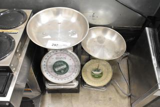 Two metal countertop scales, featuring Yamato SM(N) and Marco SW10211 models, stainless steel bowls, good condition.