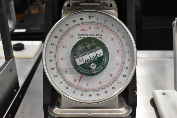 Two metal countertop scales, including Yamato SM(N) and Marco SW10211, with visible capacity and graduation markings.