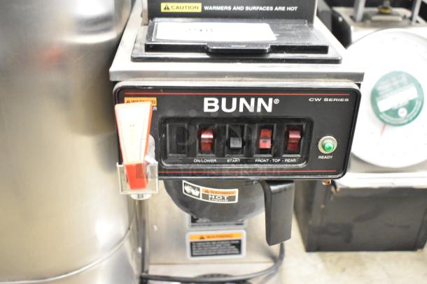 Bunn CWTF15 stainless steel coffee machine, 3 burners, hot water dispenser, poly brew basket, 120V, 1 phase, CW series controls.