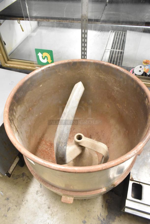 Metal mixing bowl and dough hook for Hobart mixer, dimensions 24x24x26, visible wear, auction includes 2 items.