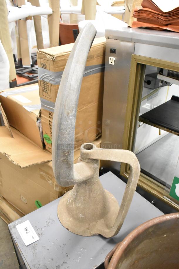 2 metal items for Hobart mixer: dough hook attachment and 24x24x26 mixing bowl. Used condition, visible wear. Tag: 302.