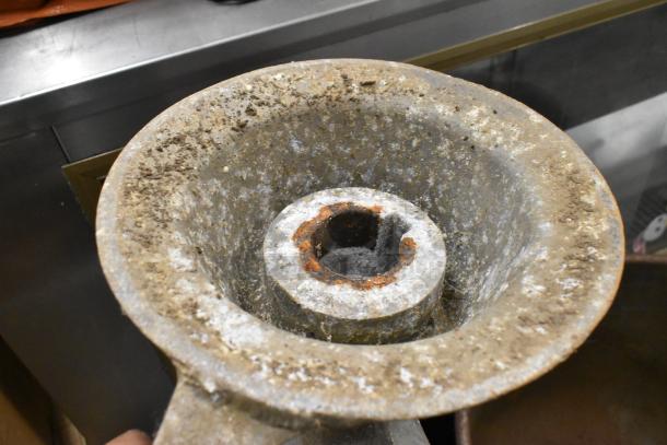 Hobart mixer metal dough hook attachment, visibly rusted and worn, with a metal mixing bowl, 24x24x26.