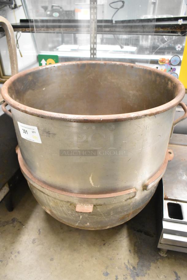 Metal mixing bowl for Hobart mixer, 24x24x26, slightly worn. Includes dough hook attachment. Visible label: "301 GYT XL".