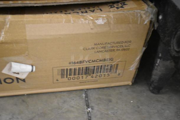 Box showing Lancaster Table & Seating product, model #164BFVCMCMBEIG, with manufacturing info and barcode visible.