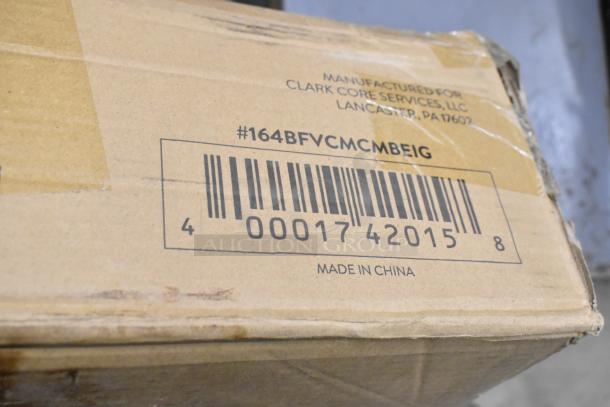 Cardboard box with barcode and "164BFVCMCMBEIG" marking for Lancaster Table & Seating Beige Vinyl Cushion, made in China.