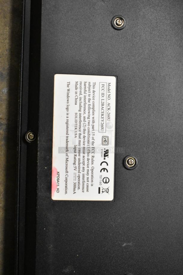 POS device label shows Model ACK-260U with FCC ID L2BACKEY260U, made by SOLIDTEK USA, input 5V, 300mA.