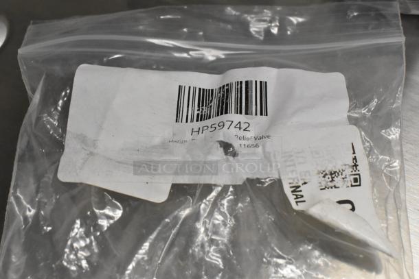 Plastic bag with label showing barcode and text "HP59742," for Henny Penny 59742 Relief Valve. Bag slightly wrinkled.