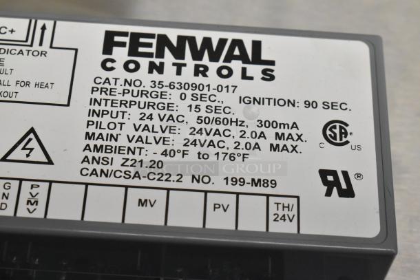 Fenwal Controls ignition module, CAT.NO. 35-630901-017, specs include 24 VAC input, CSA certified, new condition.