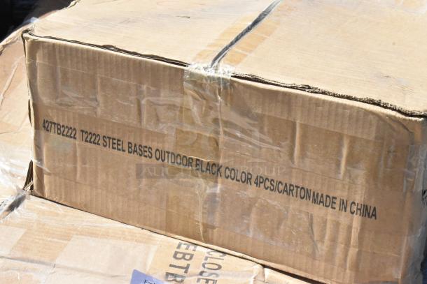 Box labeled "427TB2222 T2222 Steel Bases Outdoor Black Color 4pcs/Carton Made in China," containing table bases.