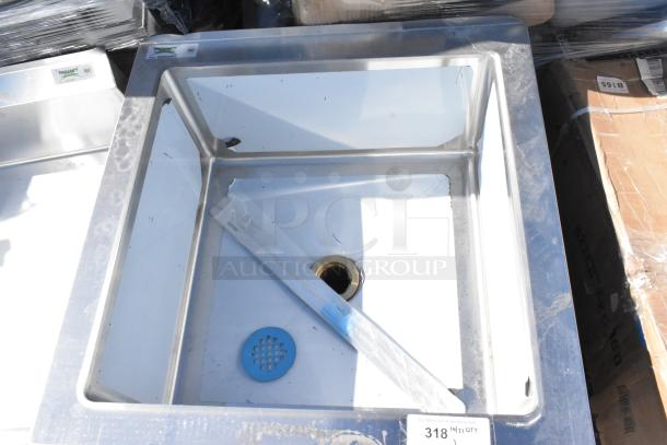 Brand new Regency 600SM242412 mop sink, 29" 16-gauge stainless steel, 24"x24"x12" bowl. Scratch and dent condition. Tags visible.