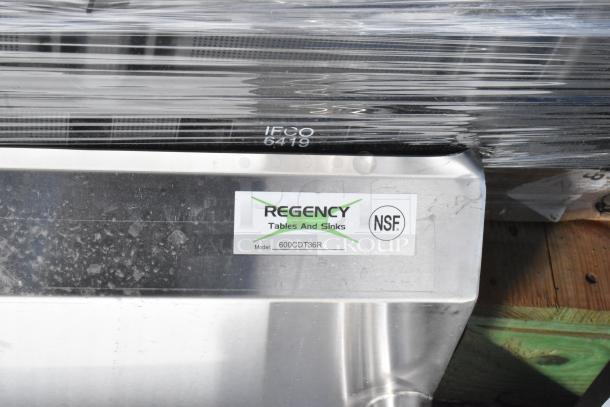 BRAND NEW SCRATCH AND DENT Regency 600CDT36R 3' clean dish table, 16 gauge, right drainboard, no legs, NSF certified.