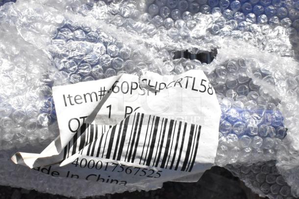 New Regency Blue grocery cart, 5.8 cu. ft., with label "#460PSHPCRTL58." Wrapped in bubble wrap. Made in China.