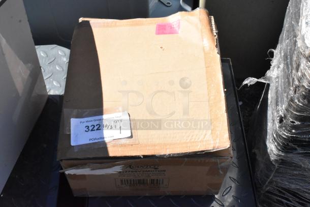 Brand new Avantco 177SSV2MOTOR for sausage stuffers, 120V, 30W, in box with minor scratches and dents. Auction tag visible.