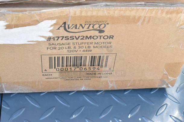 BRAND NEW Avantco 177SSV2MOTOR, 120V, 30W, for sausage stuffer, scratch and dent, original box shows wear, barcode visible.
