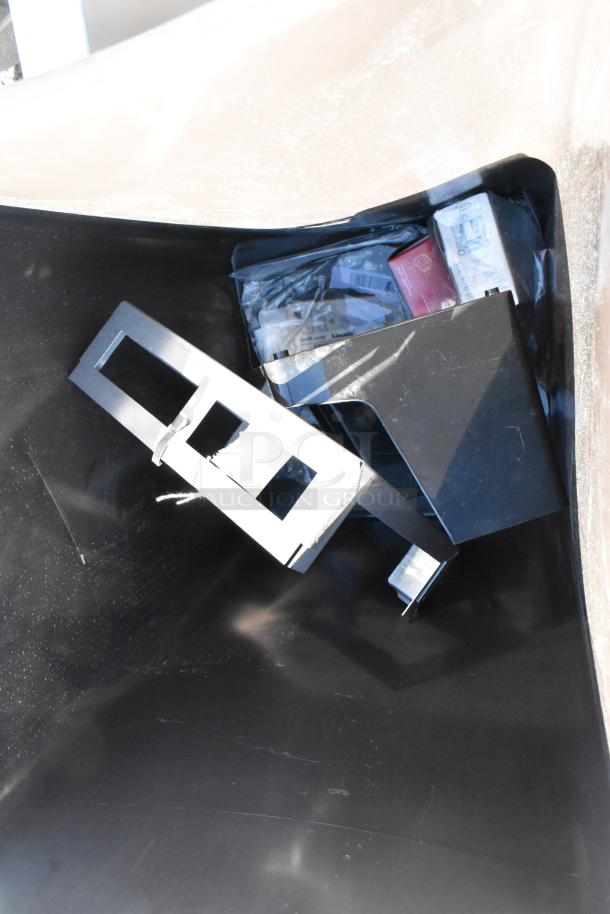 Brand new, scratch-and-dent condition poly trash cans, two available. Includes hardware and packaging.