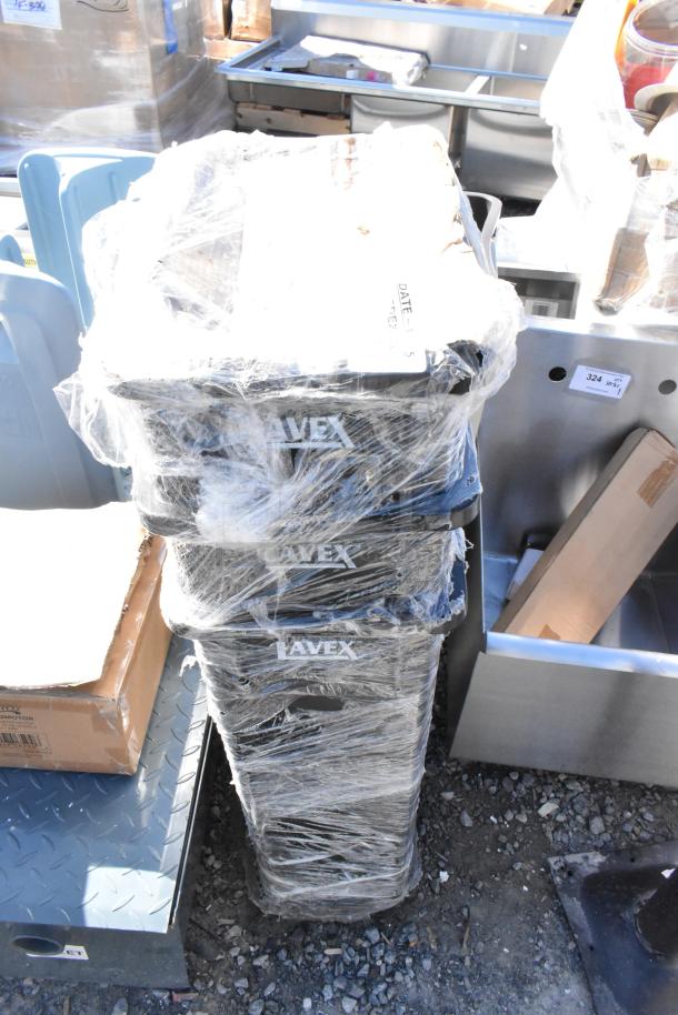 3 Lavex Black Poly Slim Jim Trash Cans, brand new, scratch and dent condition, wrapped in plastic.
