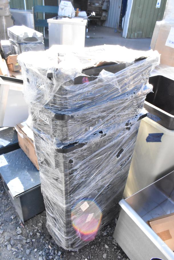 Lavex black poly Slim Jim trash cans, 3-pack, wrapped in plastic, scratch and dent, new condition.
