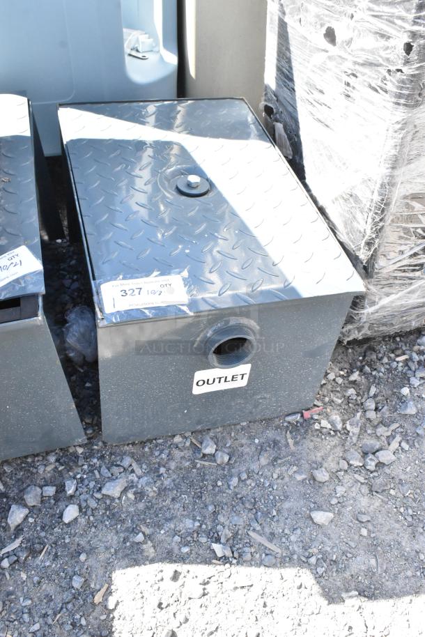 BRAND NEW SCRATCH AND DENT! Metal commercial grease trap with diamond plate cover and "OUTLET" label visible.