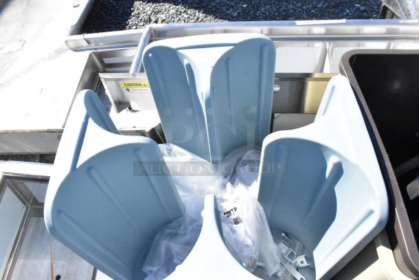 Brand new Metro PCD9 blue poly dish cart, visible scratch and dent, on commercial casters, includes caution labels.