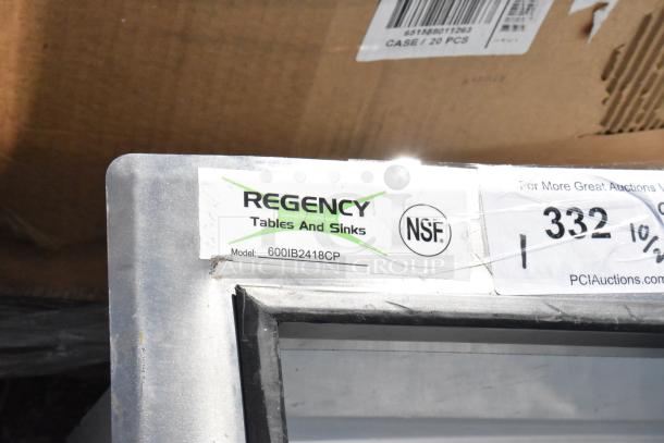 Regency 600IB2418CP stainless steel ice bin, 18"x24", new with scratches. Includes 7 circuit post-mix cold plate. NSF certified.