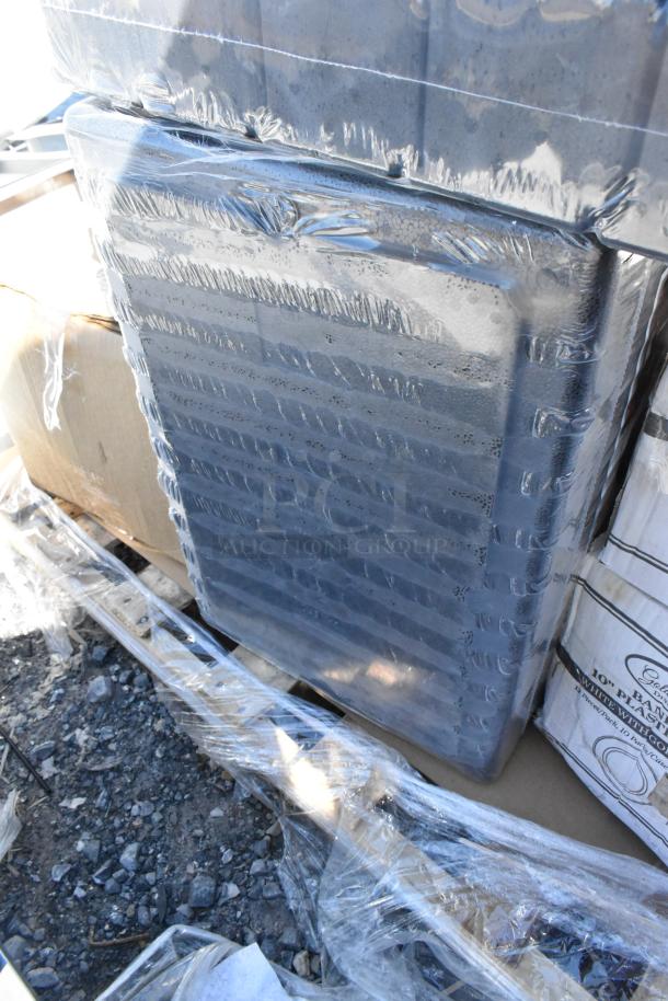 21 new scratch and dent auction items, wrapped on pallet. Includes Visions plates, Regency shelf bins, Lancaster table base.