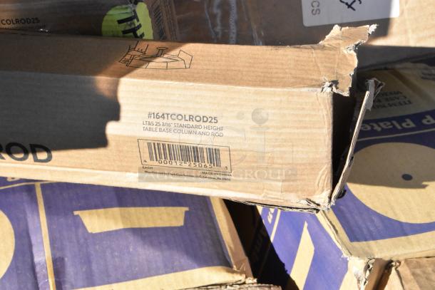 Torn cardboard box labeled "164TCOLROD25 Lancaster Table & Seating 25 3/16" Standard Height Table Base Column and Rod," with barcode.