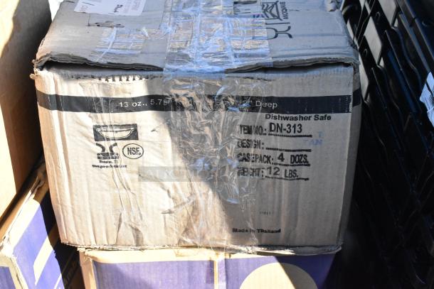 Damaged box labeled "DN-313" holds GET DN-313-T Tan 13 oz. SuperMel Bowls, 48 per case. NSF certified, dishwasher safe.
