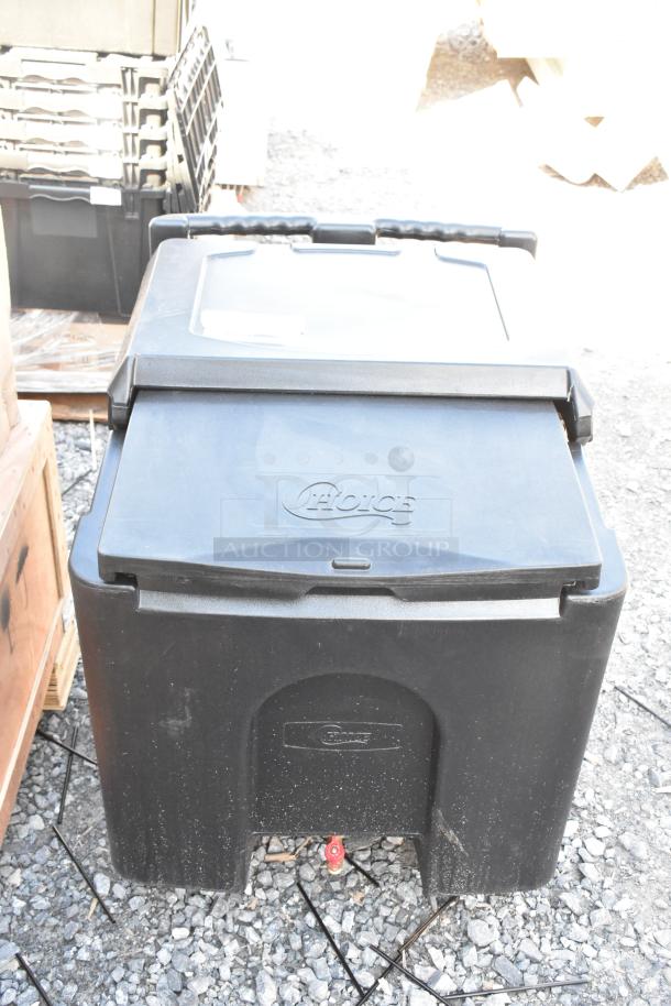 Brand new Choice black poly portable ice bin with minor scratches, on commercial casters, visible logo on the top.