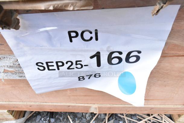 Paper label on a wooden crate showing "PCI," "SEP25-166," and "876" with a blue dot.