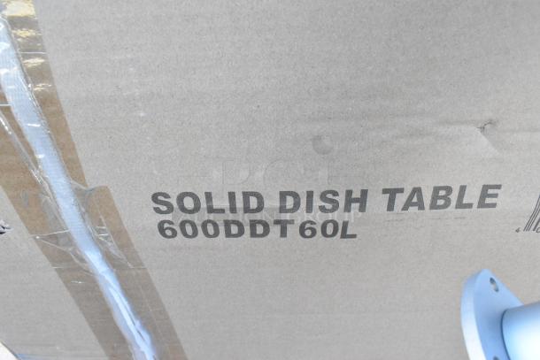 Cardboard box displaying "SOLID DISH TABLE 600DDT60L" label, indicating a Regency 5' soiled dish table.