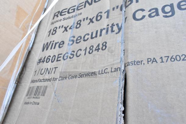 Cardboard box labeled "Regency Wire Security Cage 18"x48"x61" #460EGSC1848". Box shows minor wear.