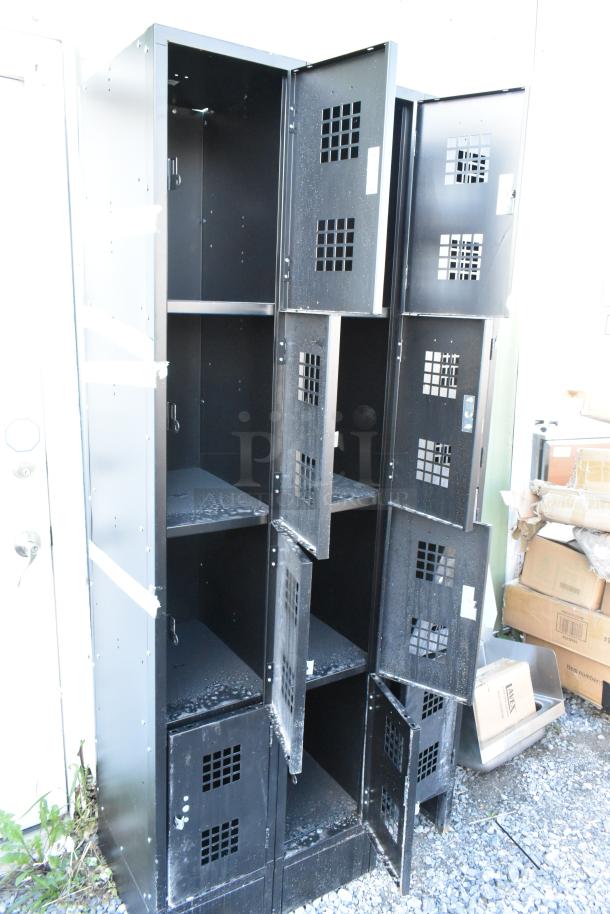 Brand new black metal 12 cubby locker with visible scratches and dents, open louvered doors, and sturdy construction.