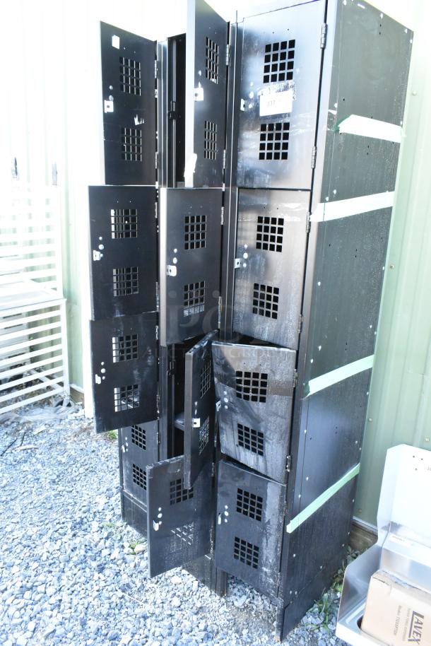 Black metal 12-cubby locker, brand new with scratches and dents, visible airflow grids, labeled "337" on door.