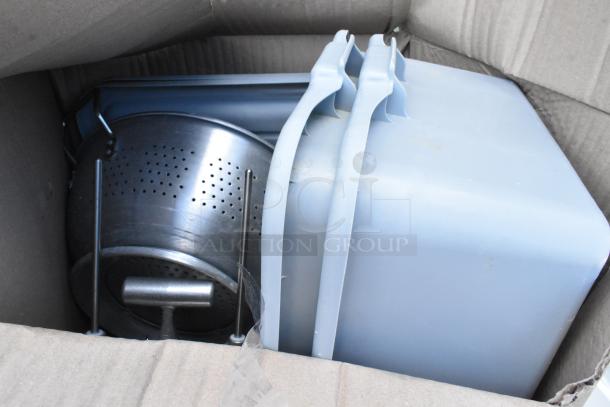 6 boxes with various items, including gray bus bins, stainless steel colander, and metal pieces, in cardboard packaging.