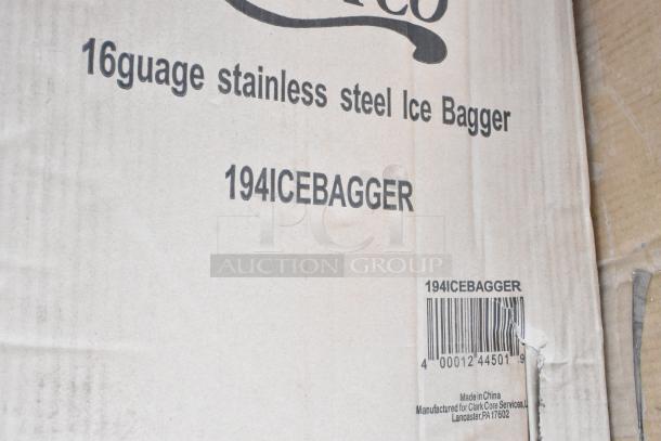 Cardboard box for 16-gauge stainless steel ice bagger, model 194ICEBAGGER. Barcode and manufacturing details visible.