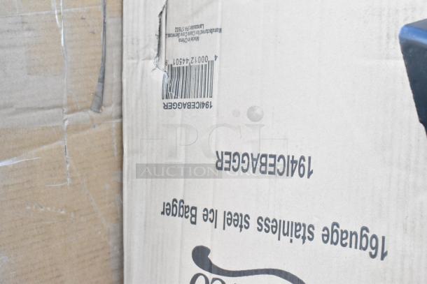 Cardboard box with visible text "Stainless Steel Ice Bagger." The box shows signs of wear, including scratches and dents.