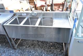 Stainless Steel 3 Bay Back Bar Sink w/ Right Side Drain Board, Faucet and Handles. - Item #1214478