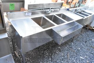 Stainless Steel 3 Bay Back Bar Sink w/ Dual Side Drain Board, Double Speedwell, Faucet and Handles. - Item #1214479