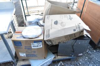 Pallet lot with SPT mini cooler, CTR64BD disposable bowls, napkins in open boxes. Some items appear unused.