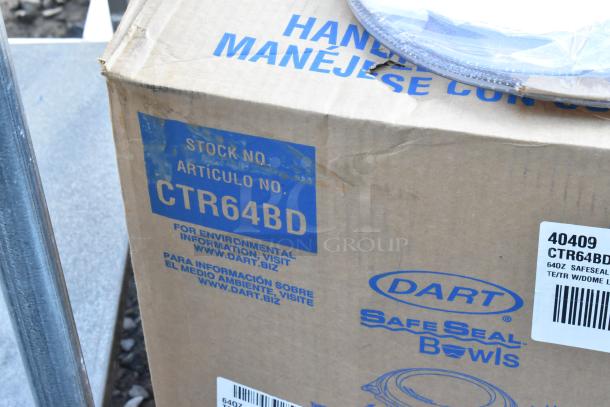Box of Dart SafeSeal Bowls, model CTR64BD. Visible label details stock number and environment info. Part of pallet lot.
