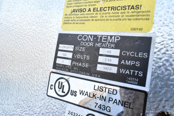 Norlake Walk-In Cooler Box label showing model KL/DP26X78. 120 volts, 1 phase. UL listed walk-in panel, 743G.