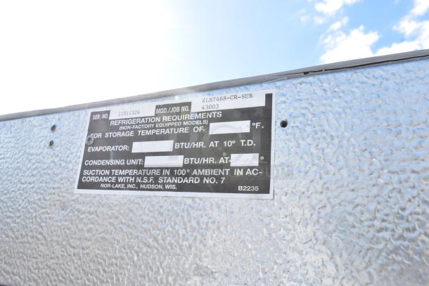 Norlake Walk-In Cooler label. Model KLB7468-CR-SUB, serial 1101324, for storage, with Norlake CPB075DC condenser.