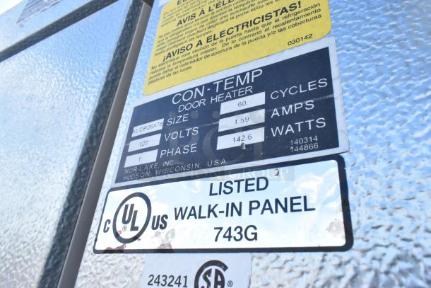 Norlake self-contained walk-in box with Norlake condenser, 208-230 volts, 1 phase. Labels indicate UL listing and specs.