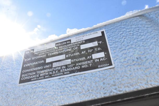 Norlake SELF CONTAINED Walk-In Box label showing model KLF77683-CR-SUB, 208-230 volts, 1 phase specifications.