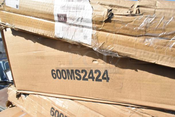 Cardboard box labeled 600MS2424; contains Regency 24" x 24" stainless steel microwave shelf; scratch and dent condition.